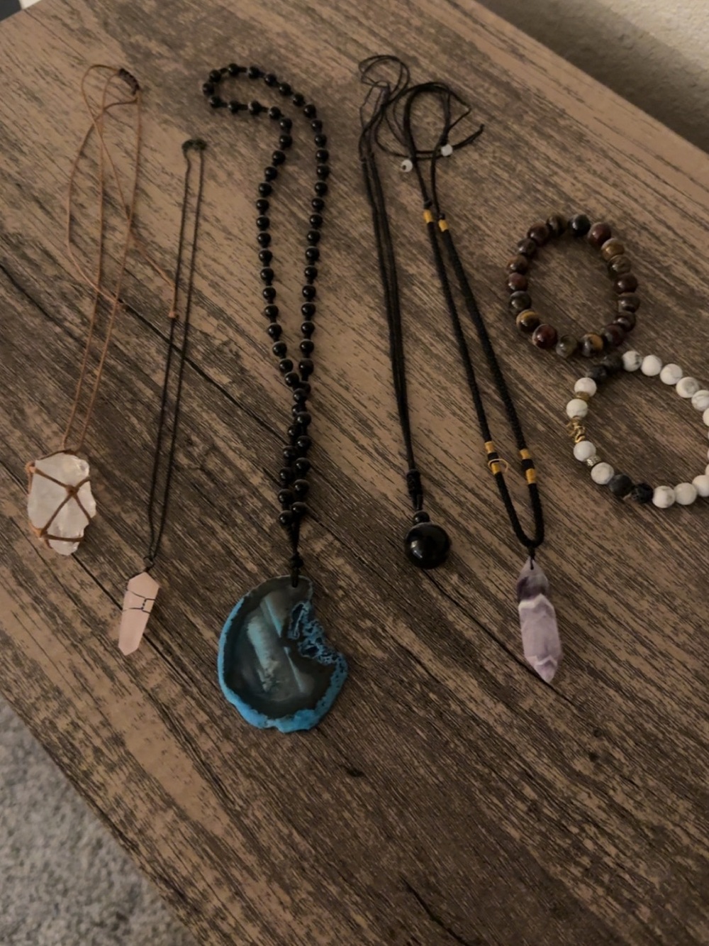 Boho Gemstone Pendant Necklace - Blue Agate Slice. 2 bracelets and 5 necklaces.